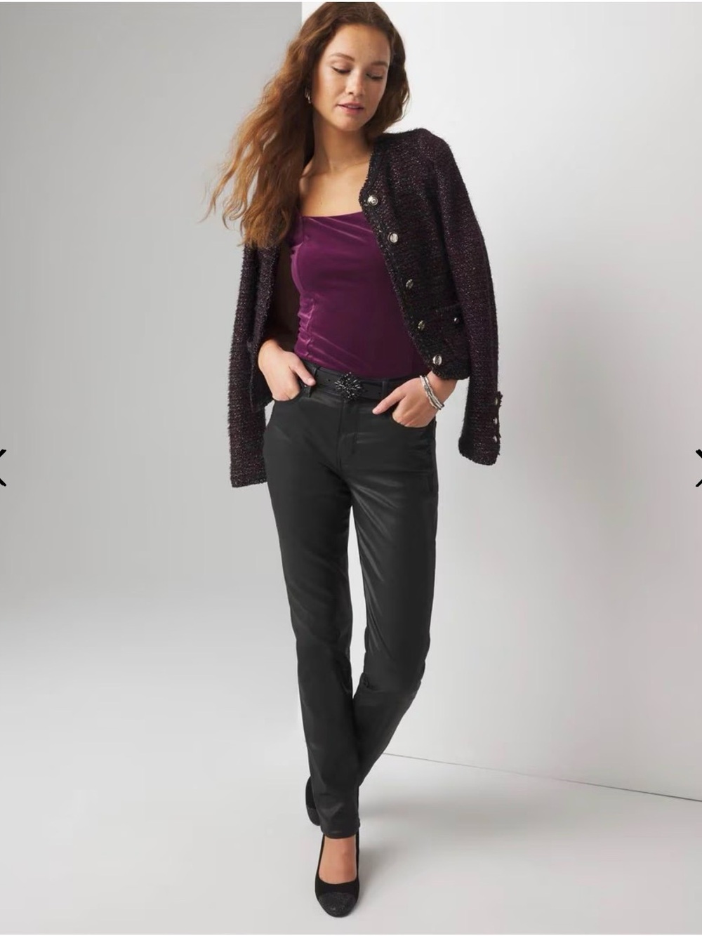 💜White House Black Market Plum Velvet Square-Neck Top Princess Seams Cap Sleeve - Picture 9 of 12